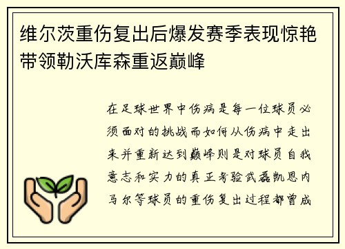 维尔茨重伤复出后爆发赛季表现惊艳带领勒沃库森重返巅峰 维尔茨重伤复出后爆发赛季表现惊艳带领勒沃库森重返巅峰